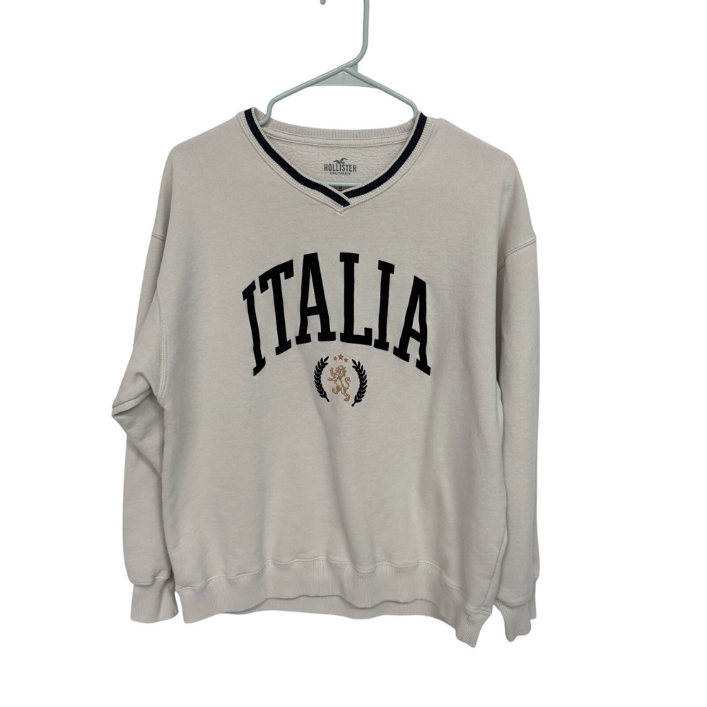 Hollister Italia Graphic V-Neck Sweatshirt Cream Navy Gold Lion Crest Mens M